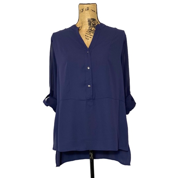 Navy Sheer V-Neck Long Sleeves Blouse L - Picture 2 of 10